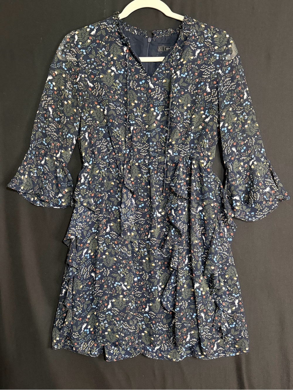 On&On Floral Ruffle Mini Dress in Navy Ferns & Bunny novelty print sheer sleeve